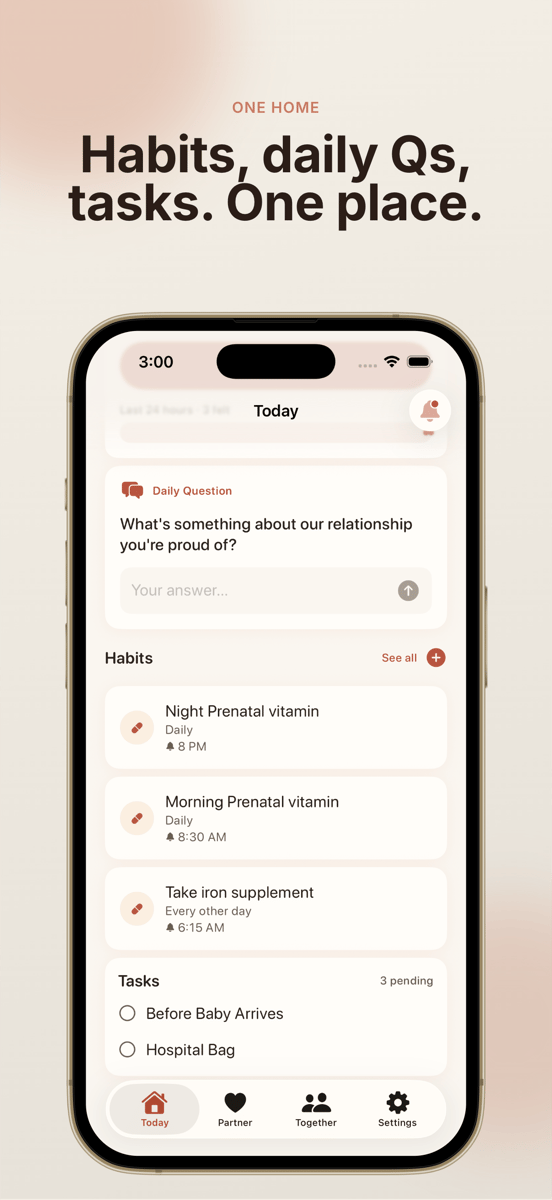 Bloompair Today dashboard — Week 30, baby kicks, habits