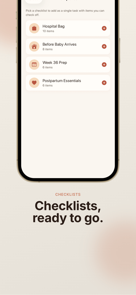 Checklists ready to go — Hospital Bag, Postpartum Essentials